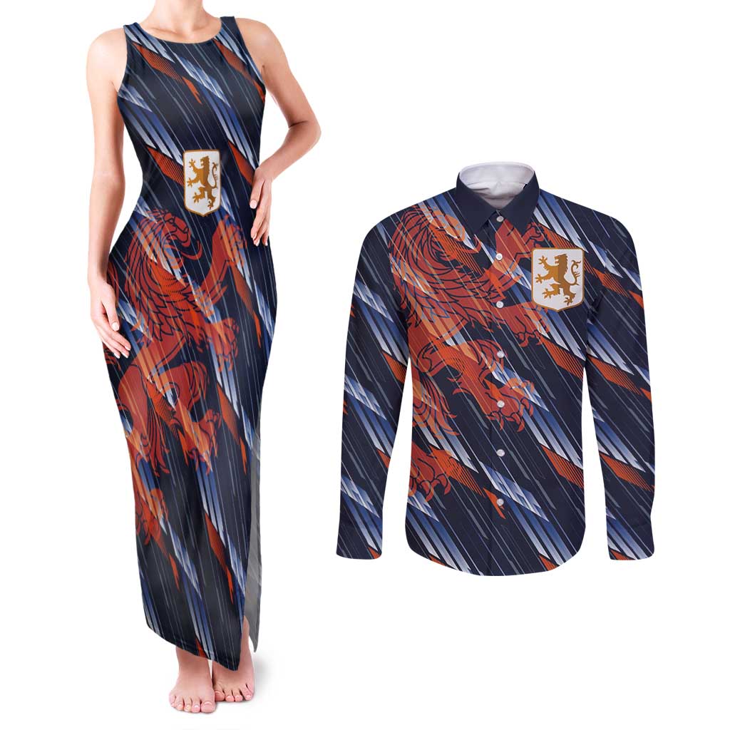 Custom Netherlands Lion Football Couples Matching Tank Maxi Dress and Long Sleeve Button Shirt Sporty Style - Wonder Print Shop