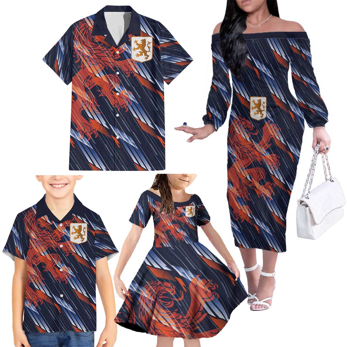 Custom Netherlands Lion Football Family Matching Off The Shoulder Long Sleeve Dress and Hawaiian Shirt Sporty Style - Wonder Print Shop