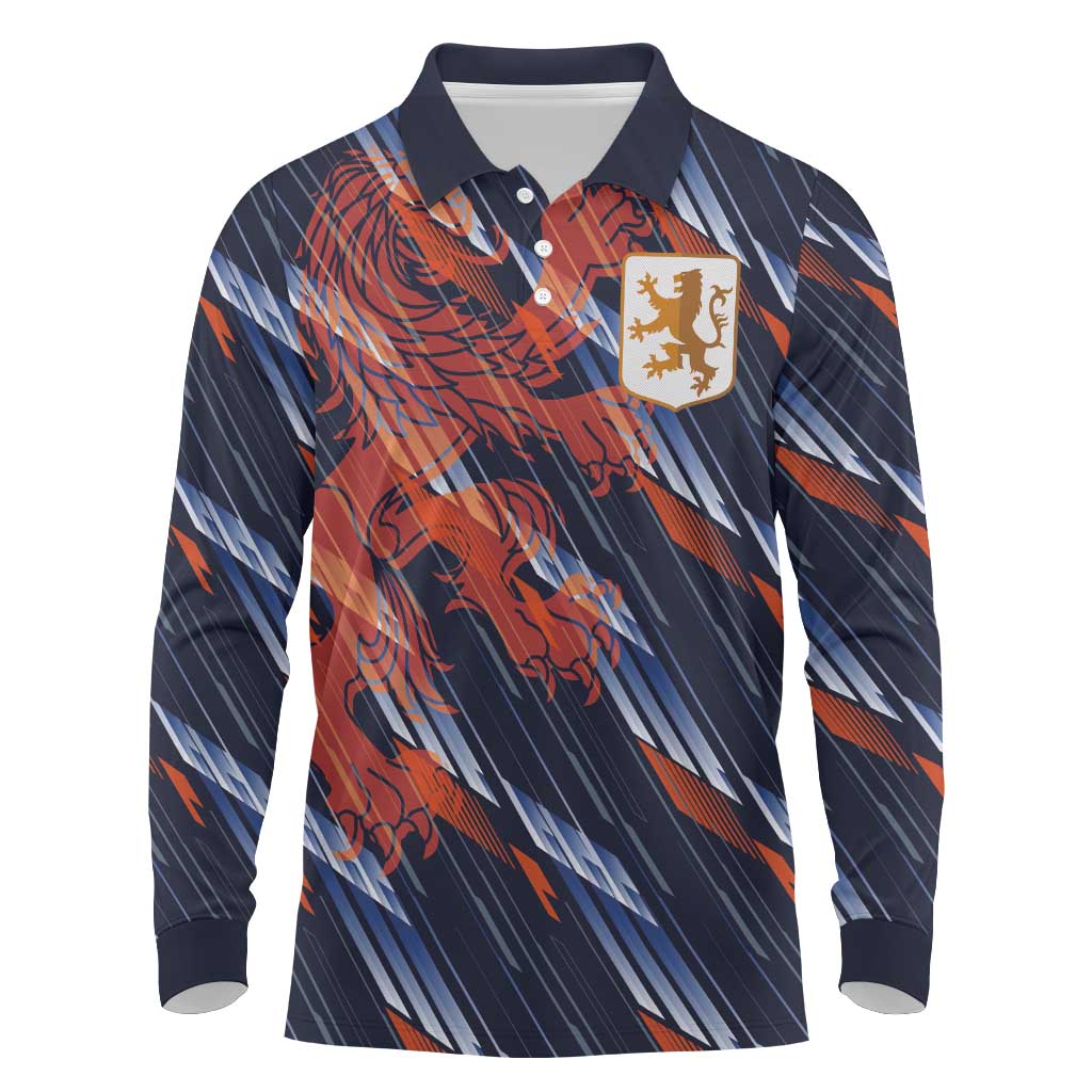 Custom Netherlands Lion Football Long Sleeve Polo Shirt Sporty Style - Wonder Print Shop