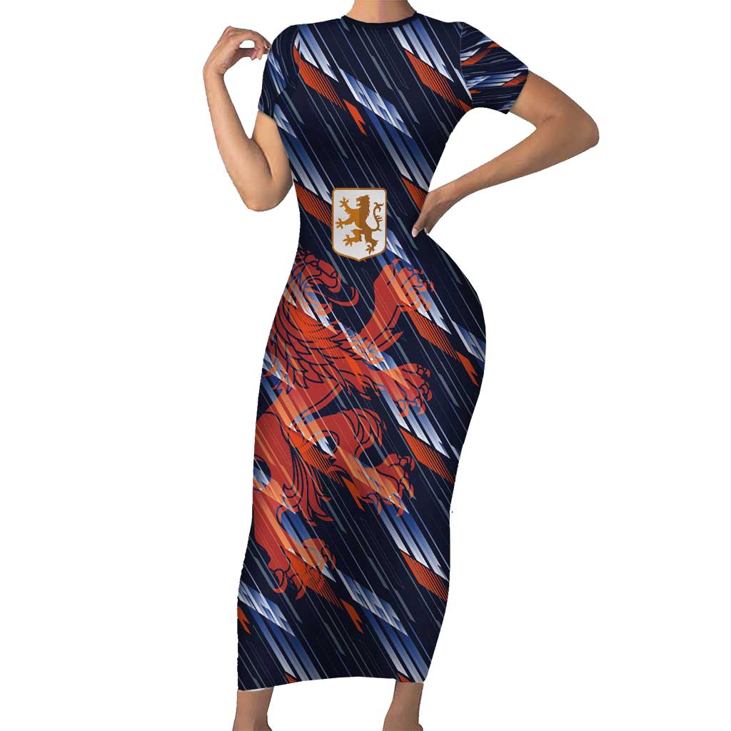 Custom Netherlands Lion Football Short Sleeve Bodycon Dress Sporty Style - Wonder Print Shop