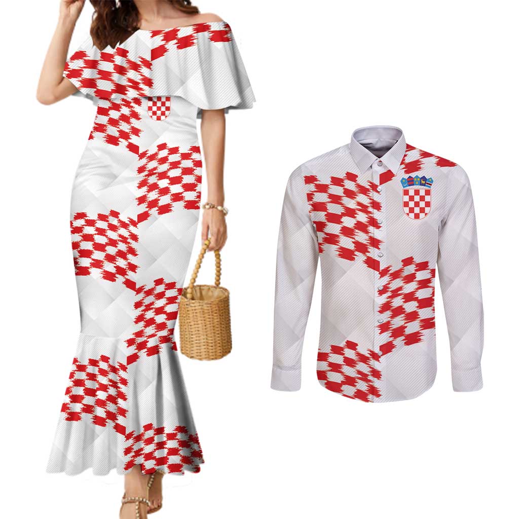 Custom Croatia Football Couples Matching Mermaid Dress and Long Sleeve Button Shirt Kockasti-Grunge Checkers - Wonder Print Shop