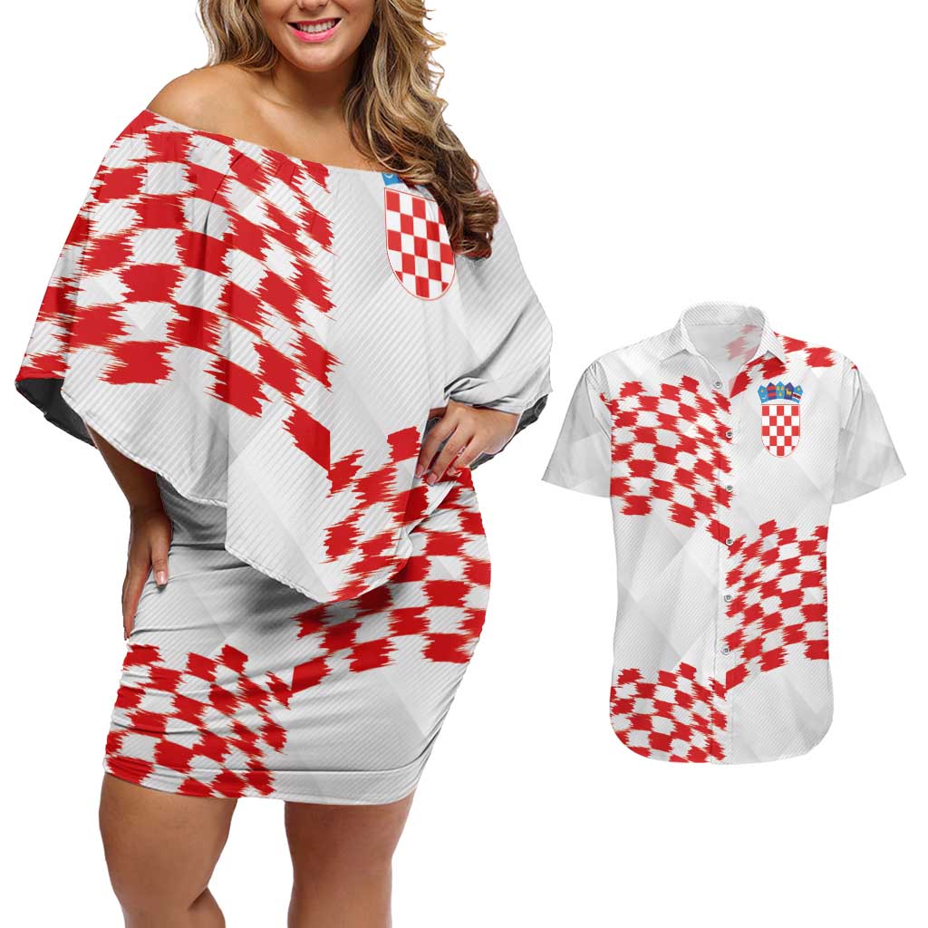 Custom Croatia Football Couples Matching Off Shoulder Short Dress and Hawaiian Shirt Kockasti-Grunge Checkers - Wonder Print Shop