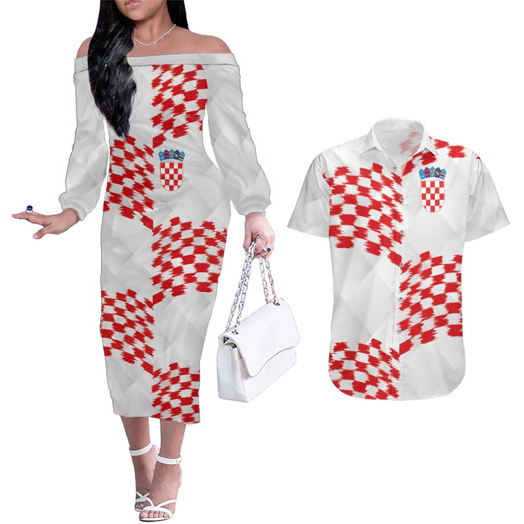 Custom Croatia Football Couples Matching Off The Shoulder Long Sleeve Dress and Hawaiian Shirt Kockasti-Grunge Checkers - Wonder Print Shop