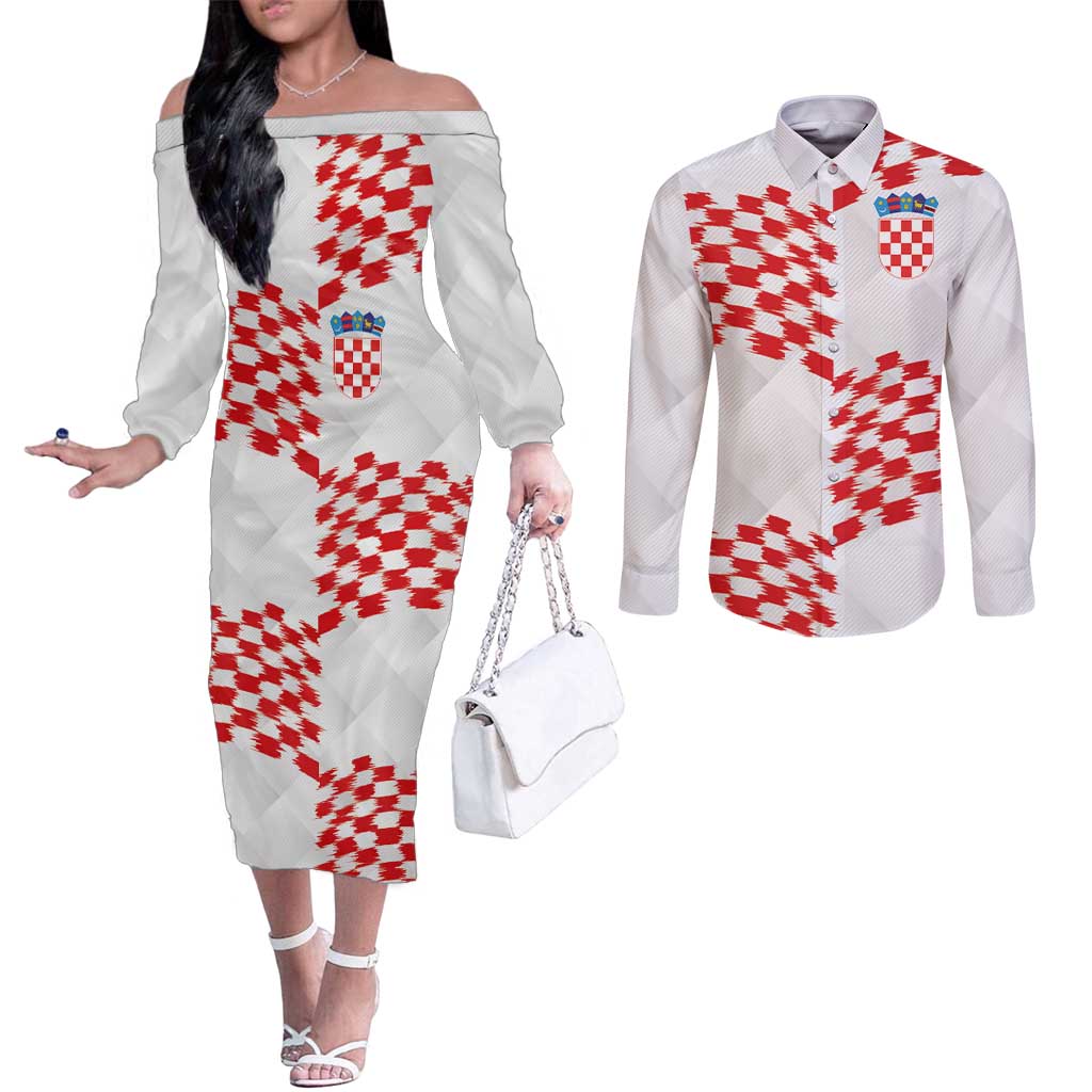 Custom Croatia Football Couples Matching Off The Shoulder Long Sleeve Dress and Long Sleeve Button Shirt Kockasti-Grunge Checkers - Wonder Print Shop