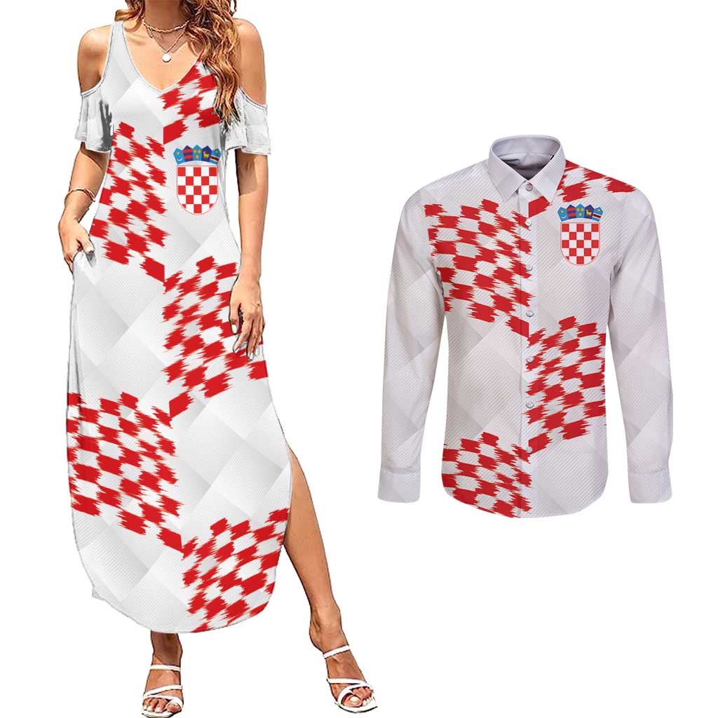 Custom Croatia Football Couples Matching Summer Maxi Dress and Long Sleeve Button Shirt Kockasti-Grunge Checkers - Wonder Print Shop