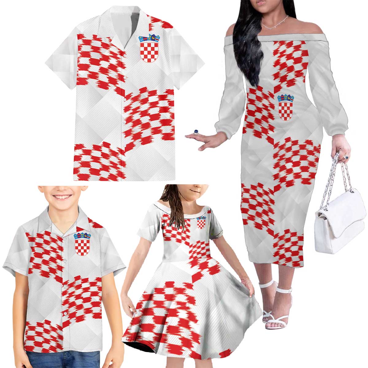 Custom Croatia Football Family Matching Off The Shoulder Long Sleeve Dress and Hawaiian Shirt Kockasti-Grunge Checkers - Wonder Print Shop