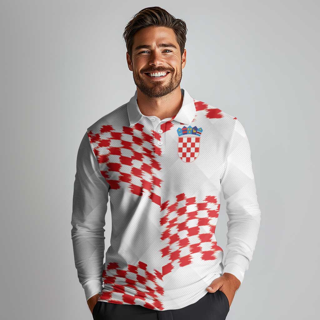 Custom Croatia Football Long Sleeve Polo Shirt Kockasti-Grunge Checkers - Wonder Print Shop