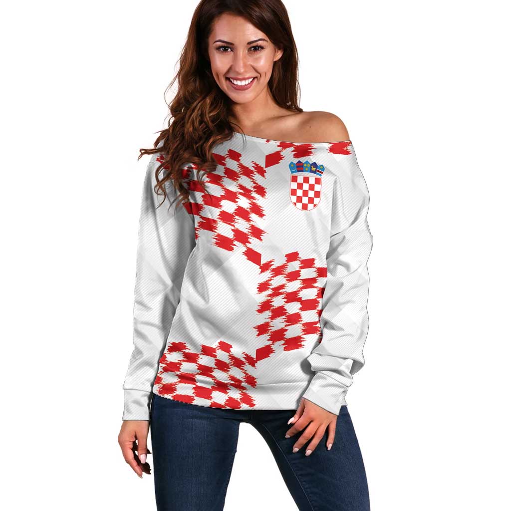 Custom Croatia Football Off Shoulder Sweater Kockasti-Grunge Checkers - Wonder Print Shop