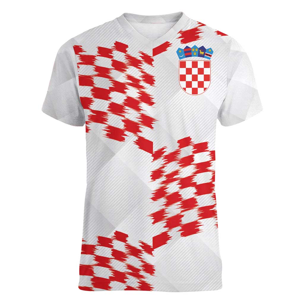 Custom Croatia Football Women V-Neck T-Shirt Kockasti-Grunge Checkers - Wonder Print Shop