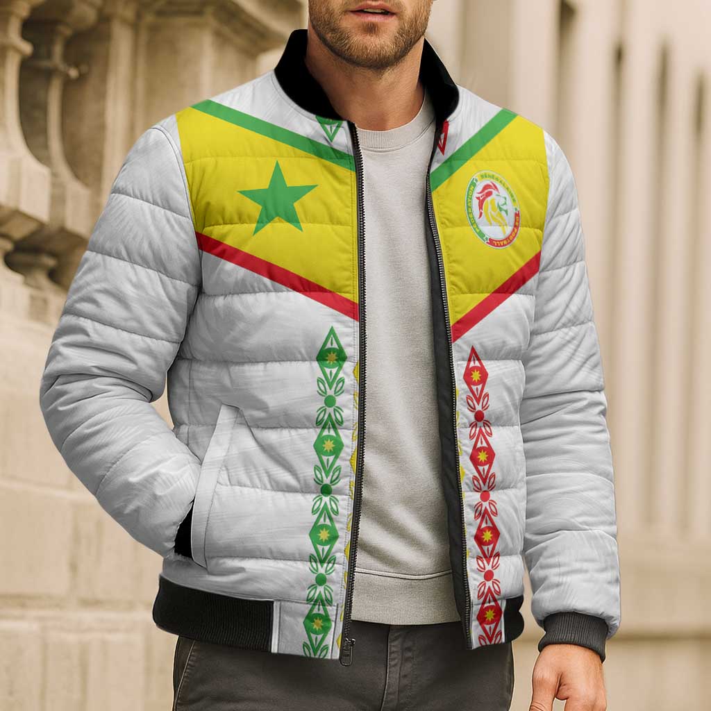 Custom Senegal Football Bomber Puffer Jacket Tricolor Traditional Patterns Sporty Style - Wonder Print Shop