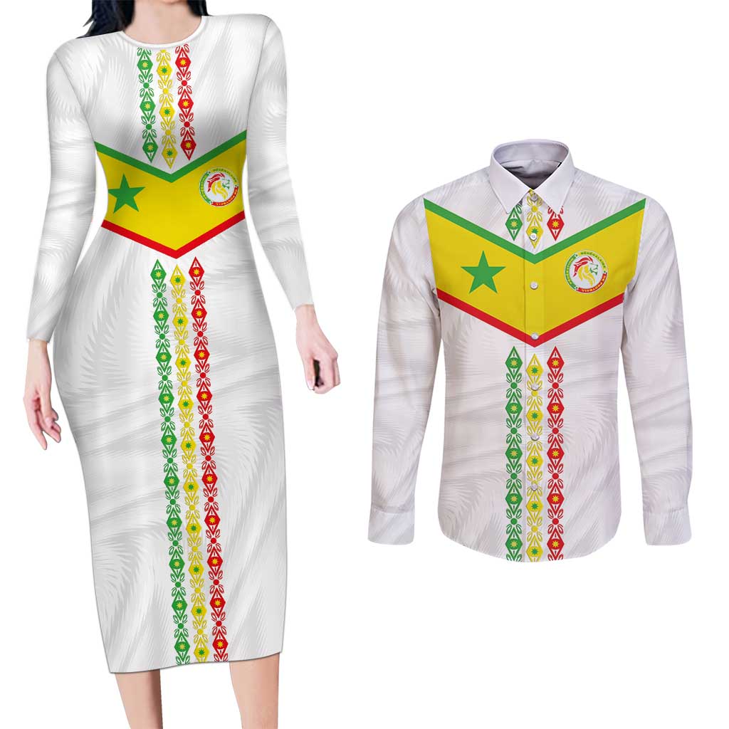 Custom Senegal Football Couples Matching Long Sleeve Bodycon Dress and Long Sleeve Button Shirt Tricolor Traditional Patterns Sporty Style - Wonder Print Shop