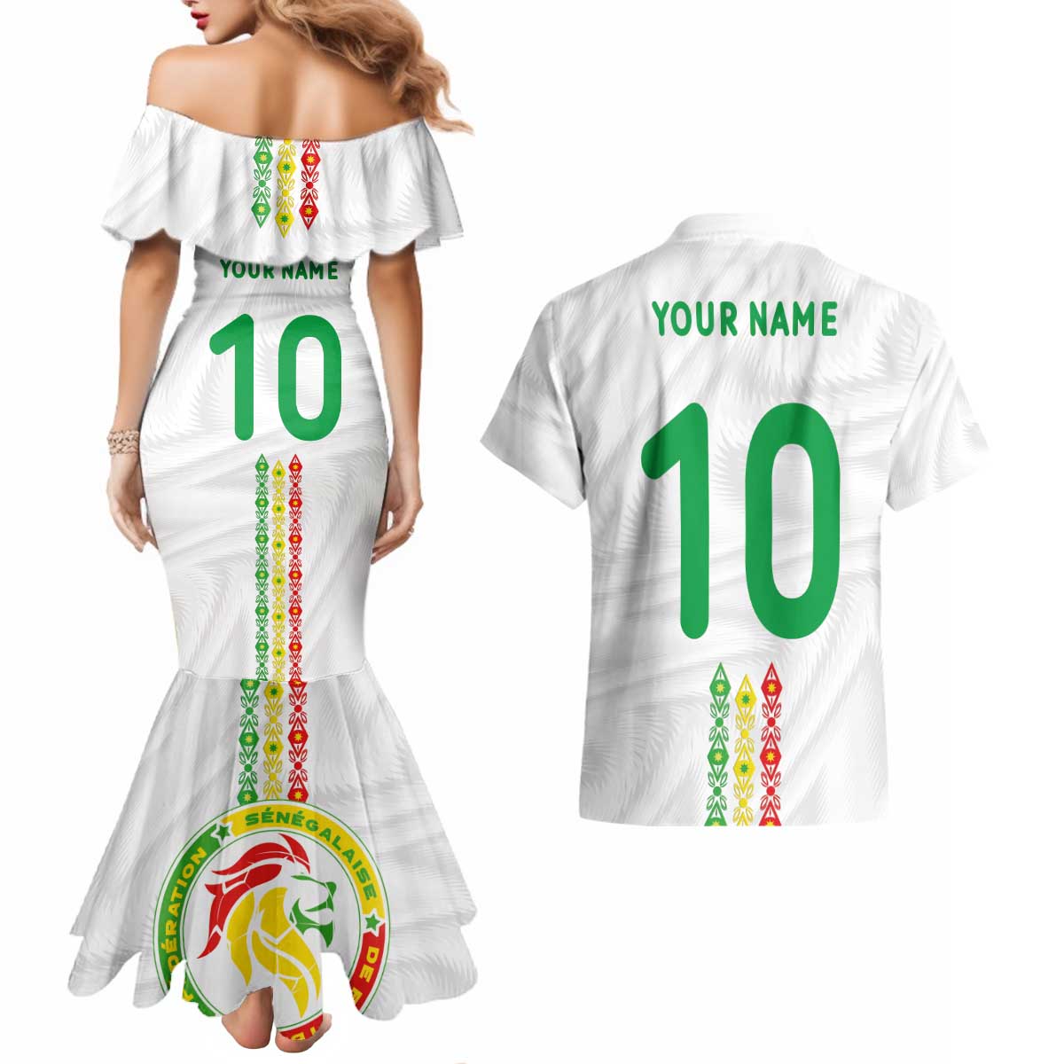 Custom Senegal Football Couples Matching Mermaid Dress and Hawaiian Shirt Tricolor Traditional Patterns Sporty Style - Wonder Print Shop