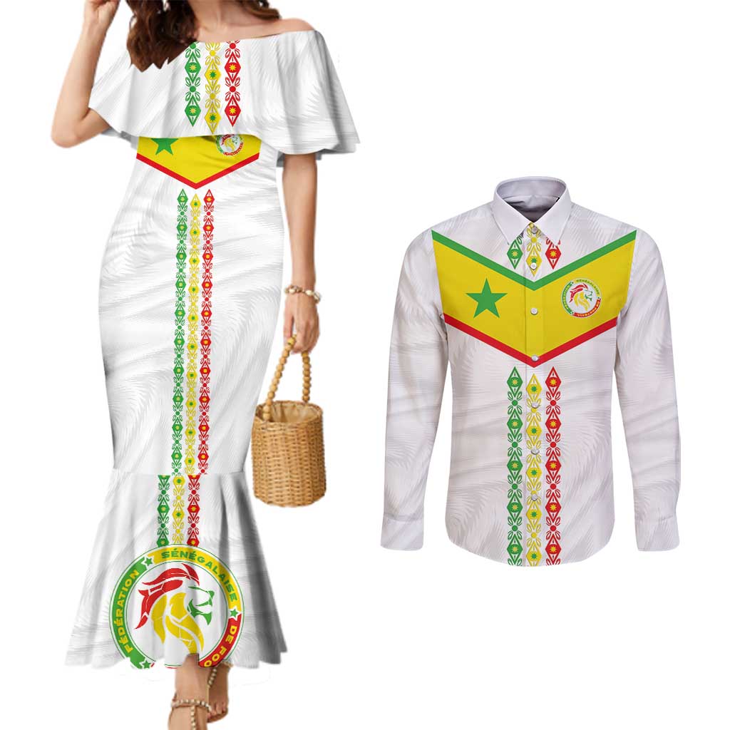 Custom Senegal Football Couples Matching Mermaid Dress and Long Sleeve Button Shirt Tricolor Traditional Patterns Sporty Style - Wonder Print Shop
