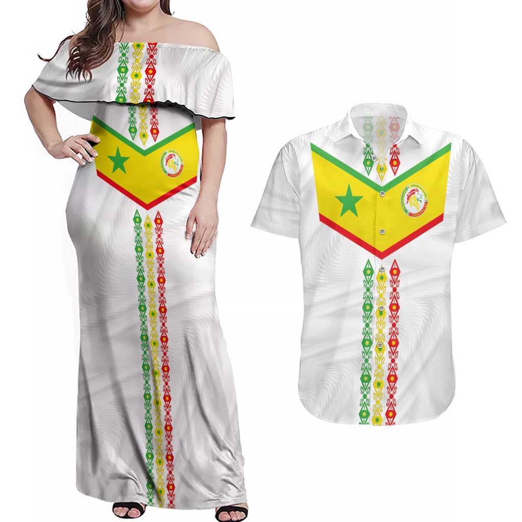 Custom Senegal Football Couples Matching Off Shoulder Maxi Dress and Hawaiian Shirt Tricolor Traditional Patterns Sporty Style - Wonder Print Shop