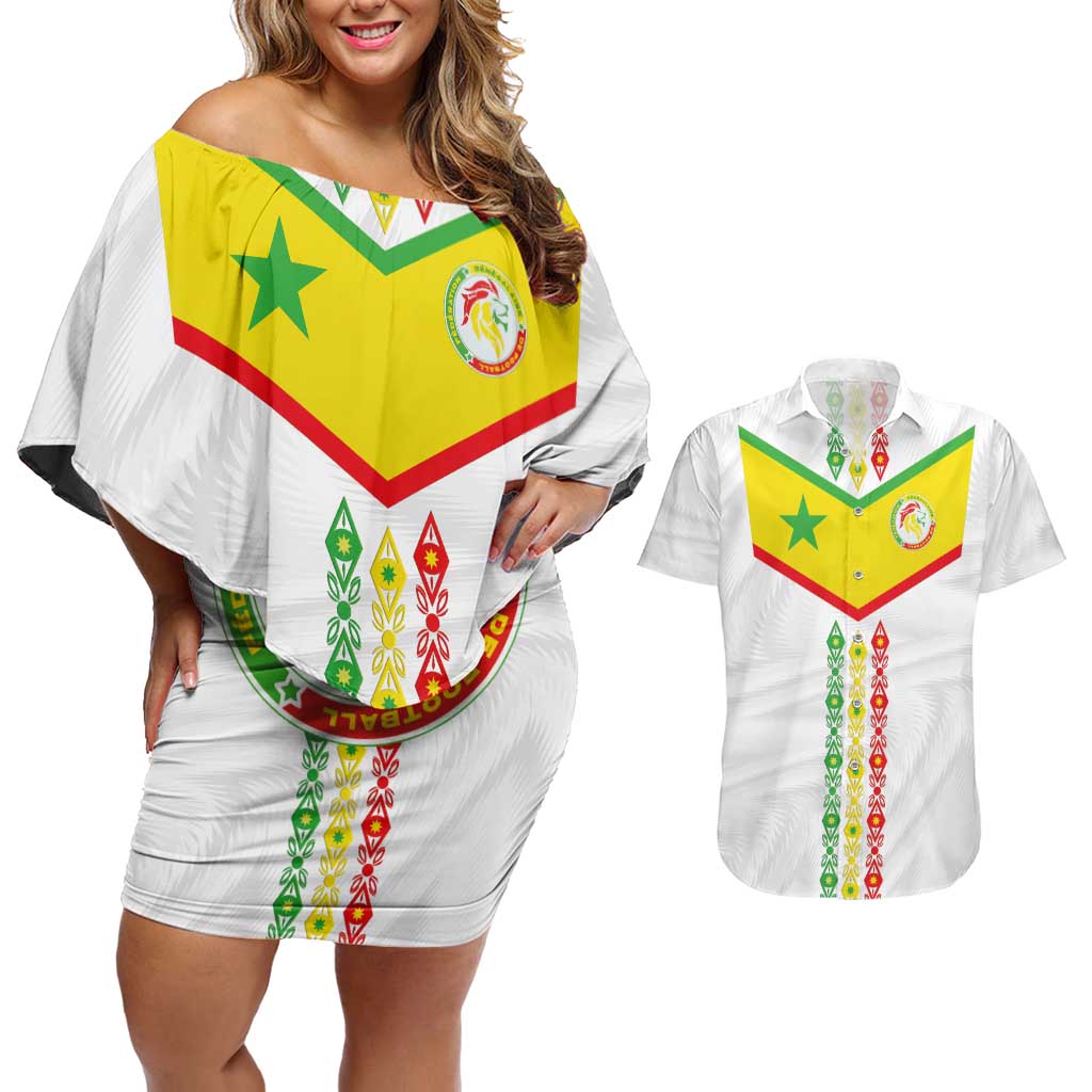 Custom Senegal Football Couples Matching Off Shoulder Short Dress and Hawaiian Shirt Tricolor Traditional Patterns Sporty Style - Wonder Print Shop