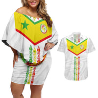 Custom Senegal Football Couples Matching Off Shoulder Short Dress and Hawaiian Shirt Tricolor Traditional Patterns Sporty Style - Wonder Print Shop