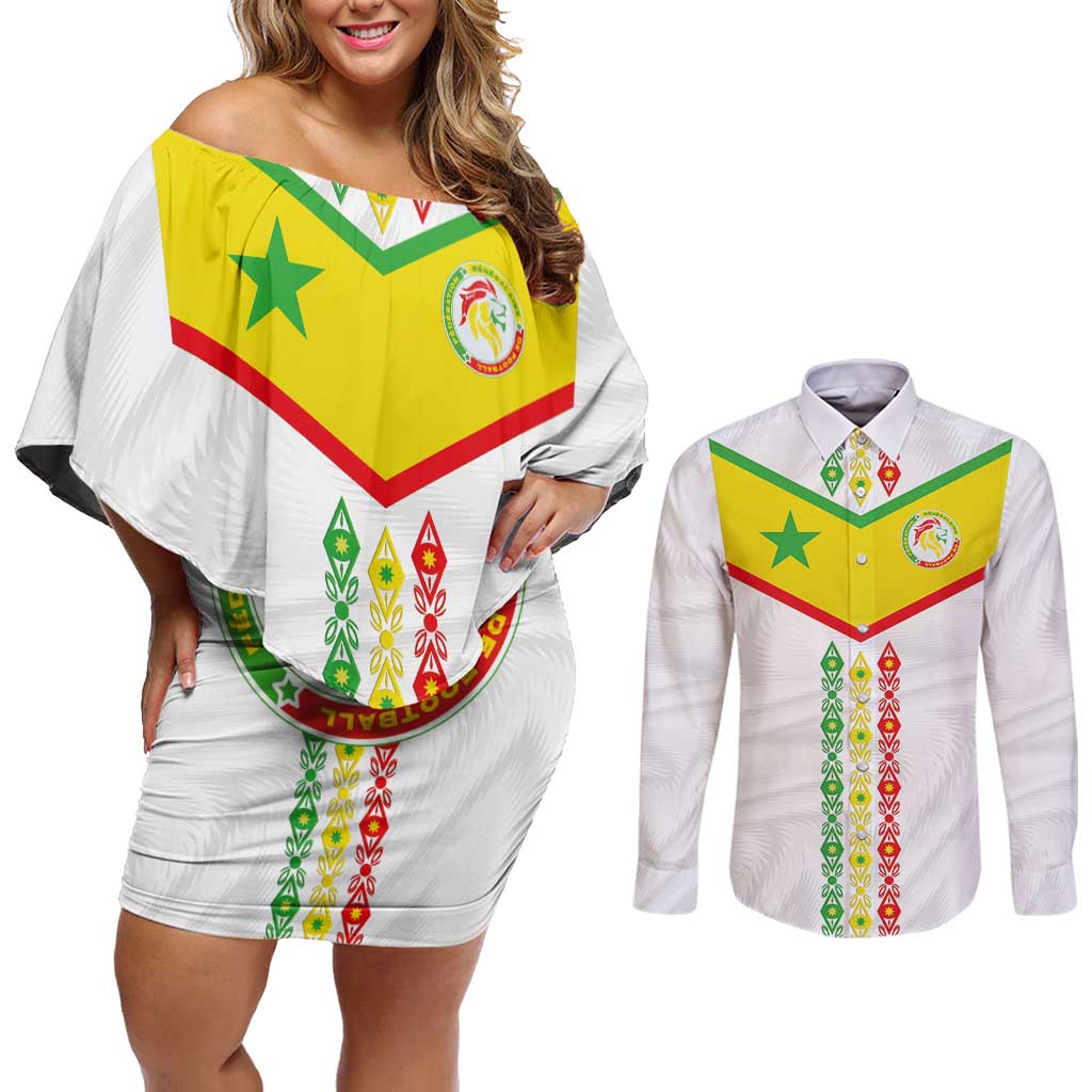 Custom Senegal Football Couples Matching Off Shoulder Short Dress and Long Sleeve Button Shirt Tricolor Traditional Patterns Sporty Style - Wonder Print Shop
