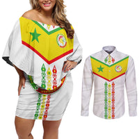 Custom Senegal Football Couples Matching Off Shoulder Short Dress and Long Sleeve Button Shirt Tricolor Traditional Patterns Sporty Style - Wonder Print Shop