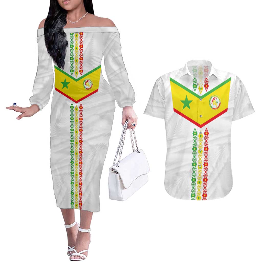 Custom Senegal Football Couples Matching Off The Shoulder Long Sleeve Dress and Hawaiian Shirt Tricolor Traditional Patterns Sporty Style - Wonder Print Shop