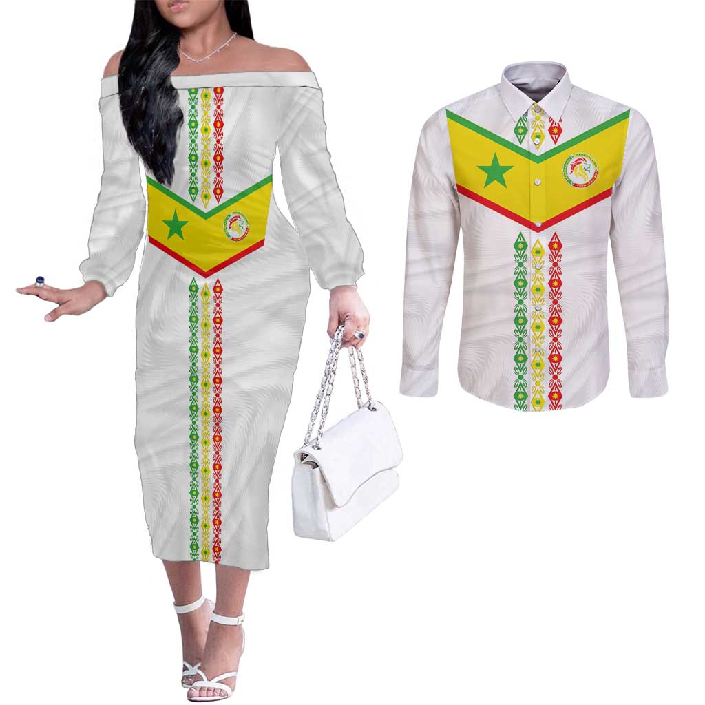 Custom Senegal Football Couples Matching Off The Shoulder Long Sleeve Dress and Long Sleeve Button Shirt Tricolor Traditional Patterns Sporty Style - Wonder Print Shop