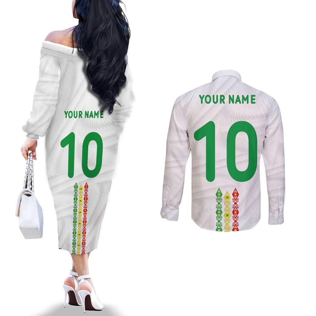 Custom Senegal Football Couples Matching Off The Shoulder Long Sleeve Dress and Long Sleeve Button Shirt Tricolor Traditional Patterns Sporty Style - Wonder Print Shop