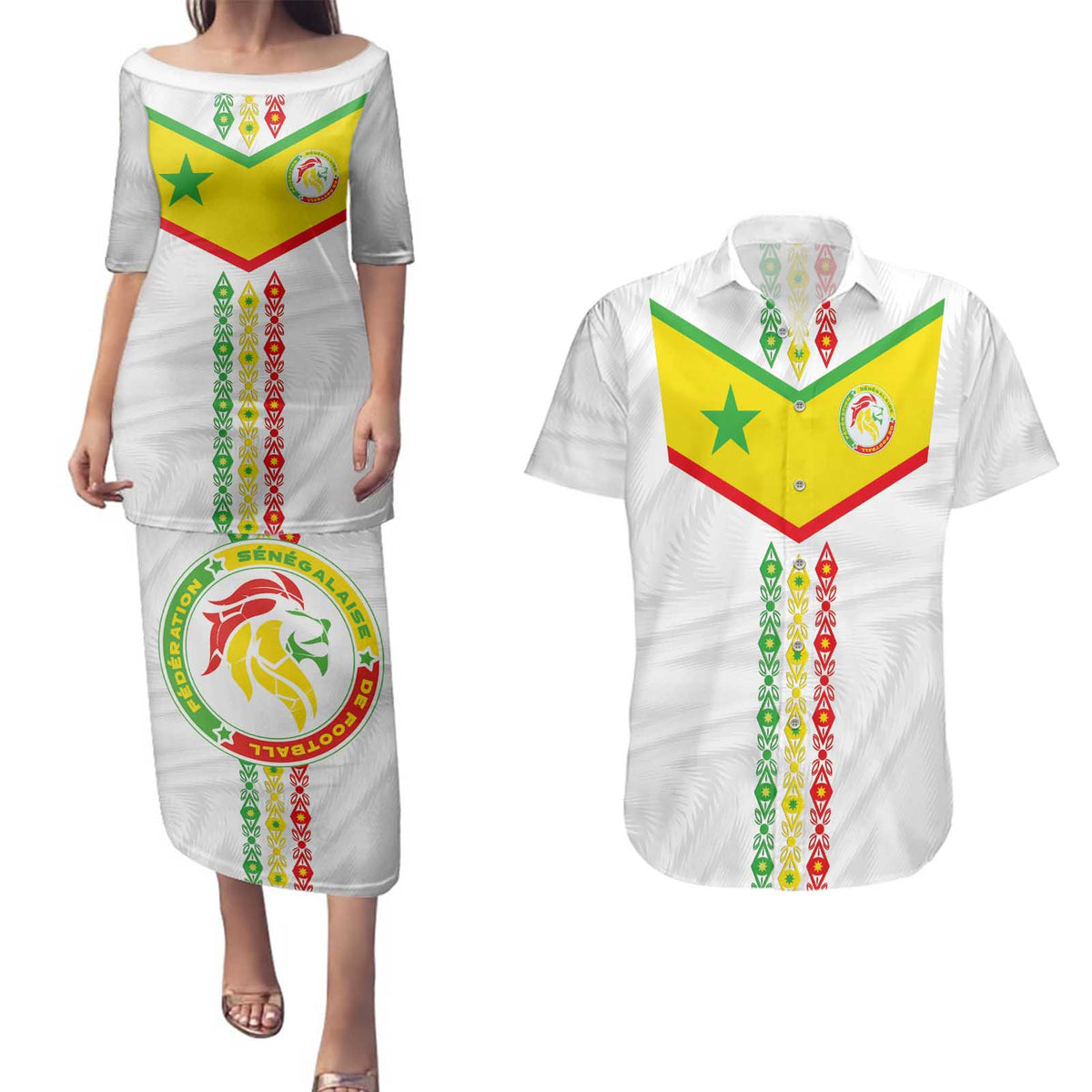 Custom Senegal Football Couples Matching Puletasi and Hawaiian Shirt Tricolor Traditional Patterns Sporty Style - Wonder Print Shop
