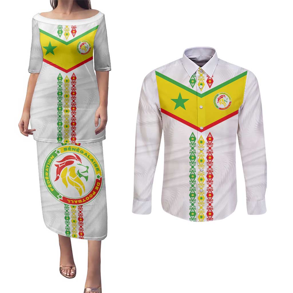 Custom Senegal Football Couples Matching Puletasi and Long Sleeve Button Shirt Tricolor Traditional Patterns Sporty Style - Wonder Print Shop