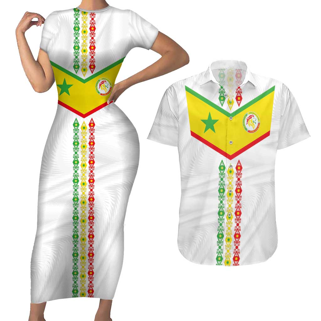 Custom Senegal Football Couples Matching Short Sleeve Bodycon Dress and Hawaiian Shirt Tricolor Traditional Patterns Sporty Style - Wonder Print Shop