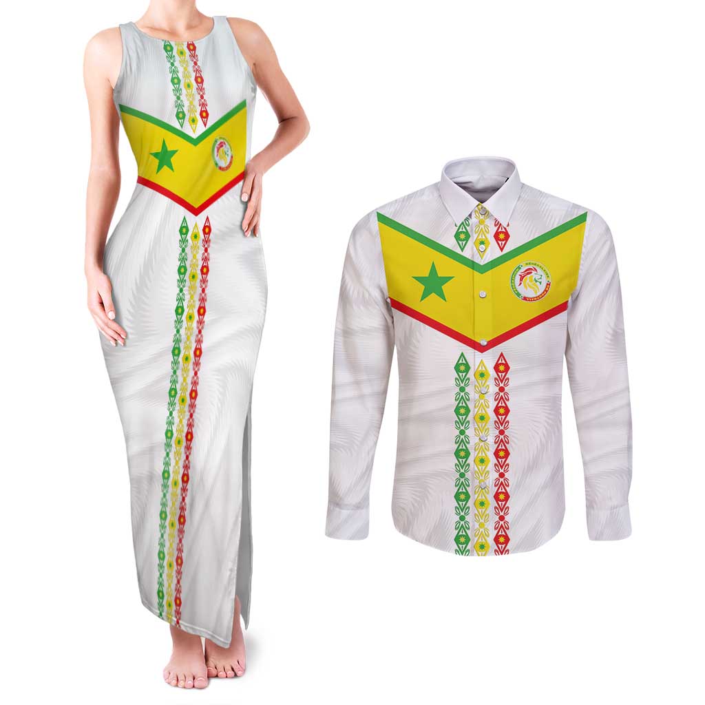 Custom Senegal Football Couples Matching Tank Maxi Dress and Long Sleeve Button Shirt Tricolor Traditional Patterns Sporty Style - Wonder Print Shop