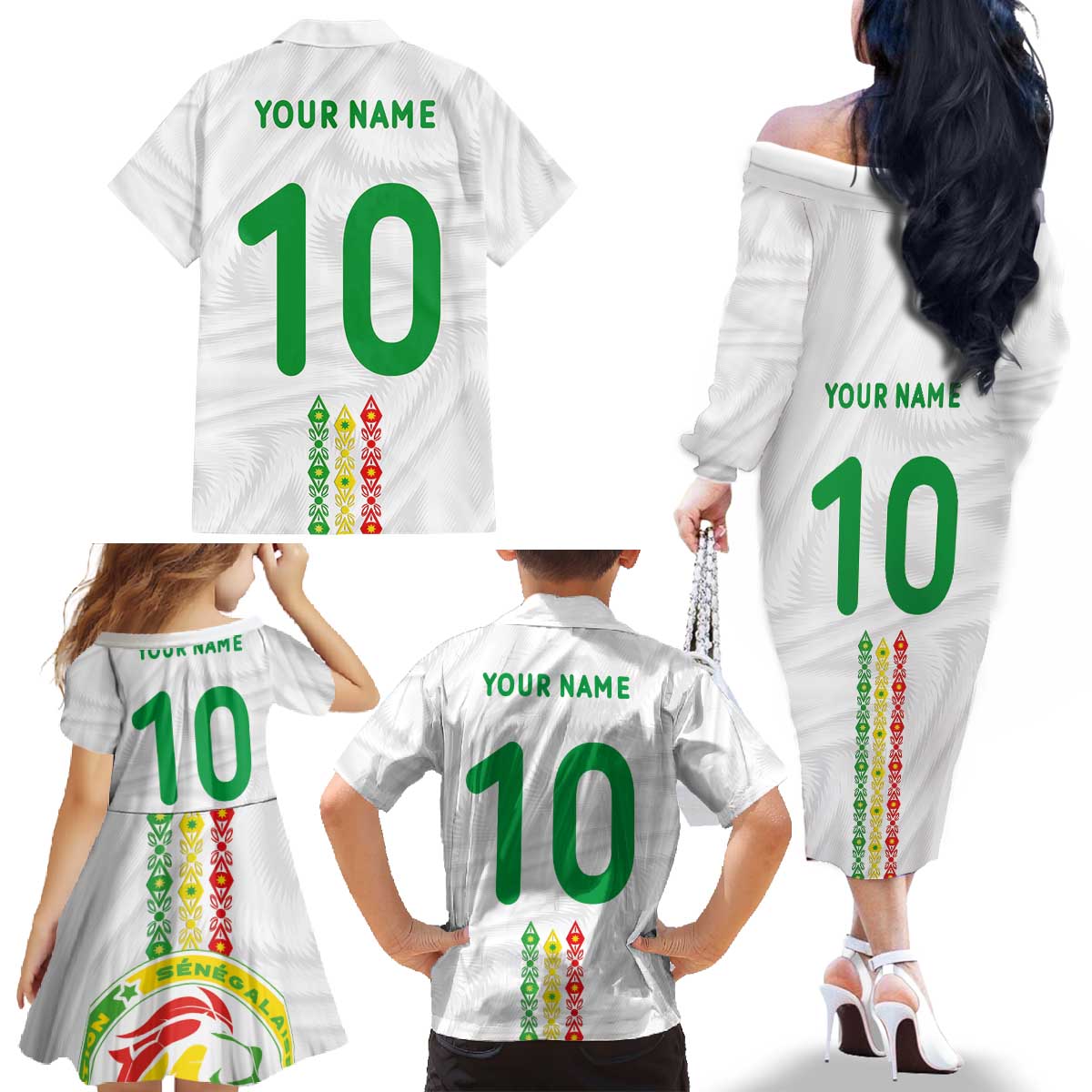 Custom Senegal Football Family Matching Off The Shoulder Long Sleeve Dress and Hawaiian Shirt Tricolor Traditional Patterns Sporty Style - Wonder Print Shop
