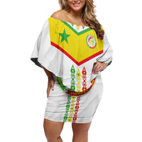 Custom Senegal Football Off Shoulder Short Dress Tricolor Traditional Patterns Sporty Style - Wonder Print Shop