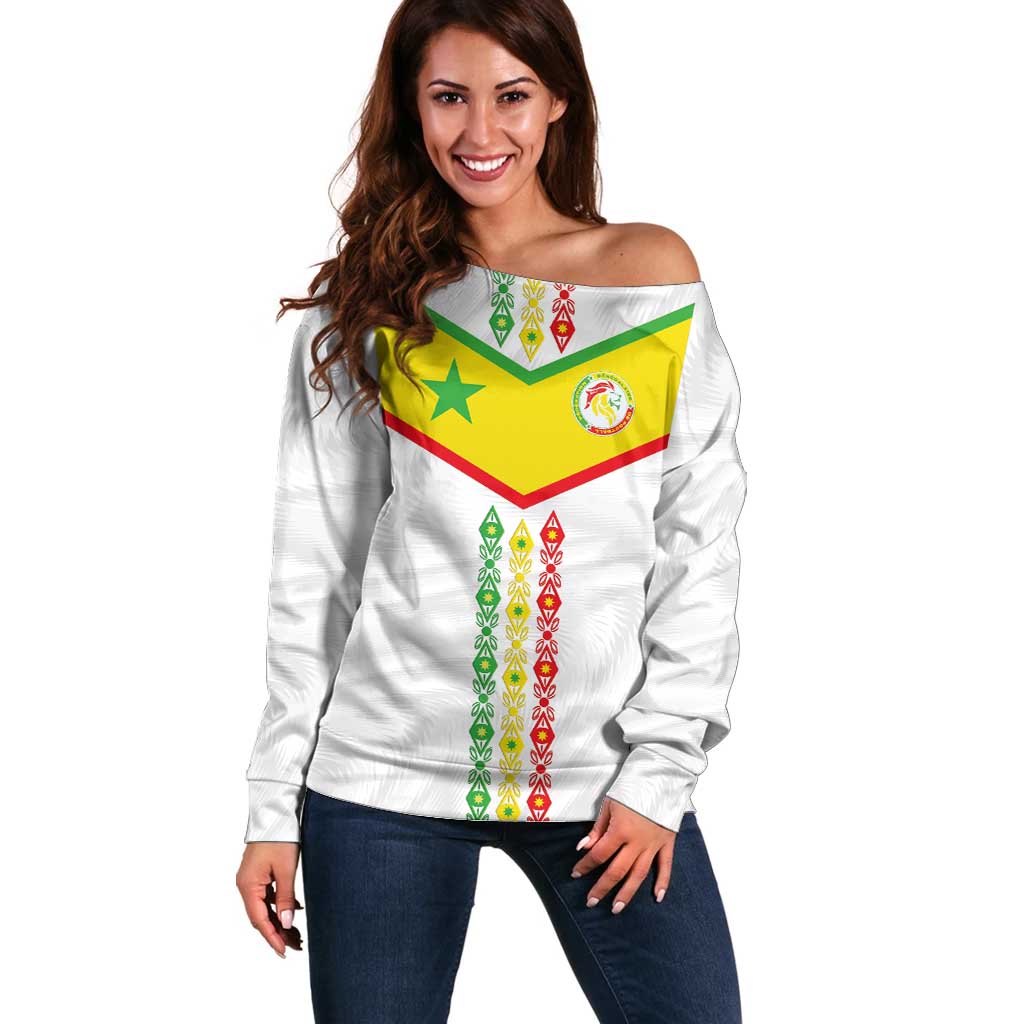Custom Senegal Football Off Shoulder Sweater Tricolor Traditional Patterns Sporty Style - Wonder Print Shop