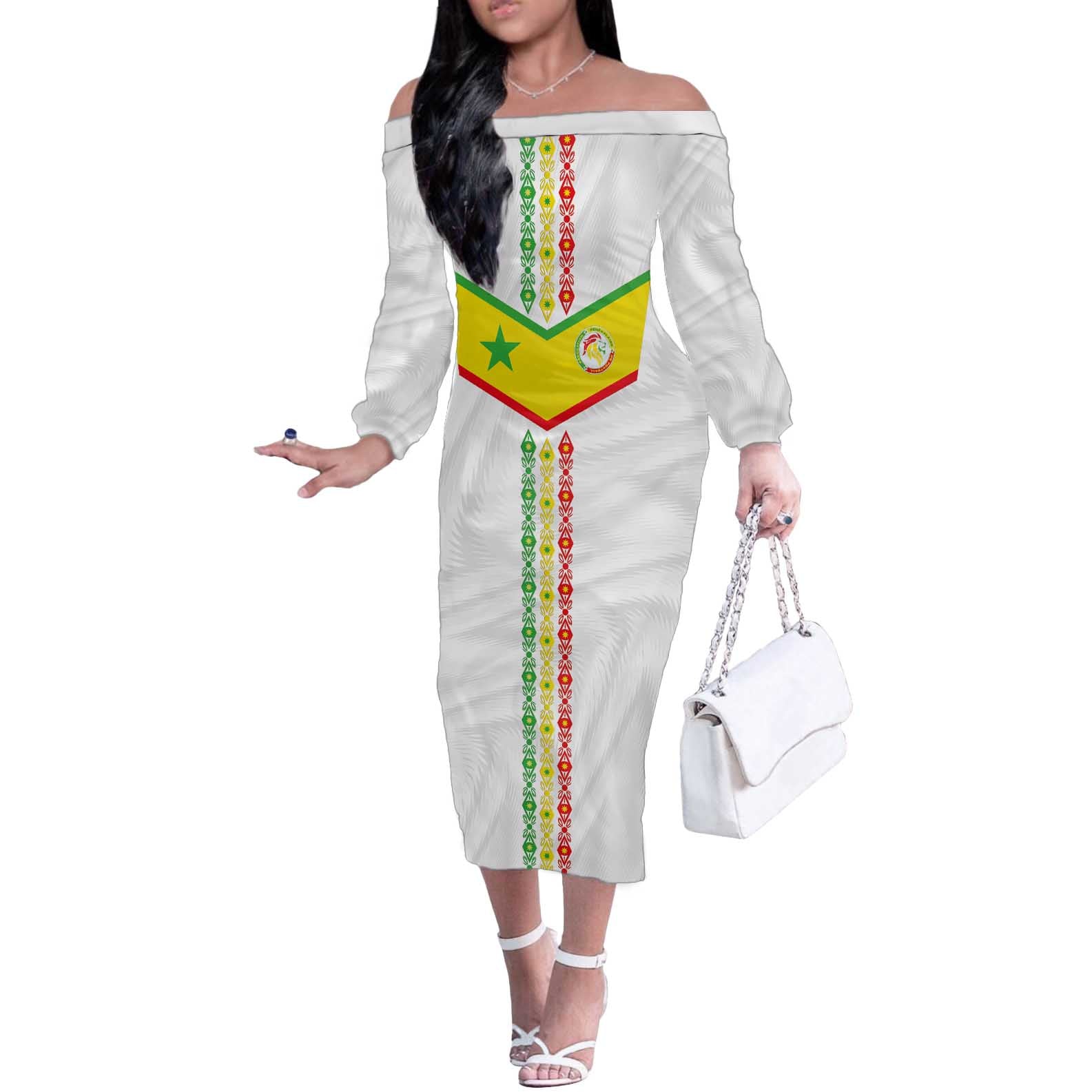 Custom Senegal Football Off The Shoulder Long Sleeve Dress Tricolor Traditional Patterns Sporty Style - Wonder Print Shop