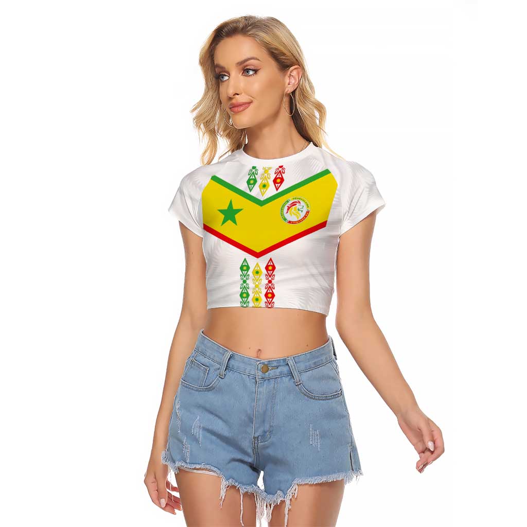 Custom Senegal Football Raglan Cropped T Shirt Tricolor Traditional Patterns Sporty Style - Wonder Print Shop