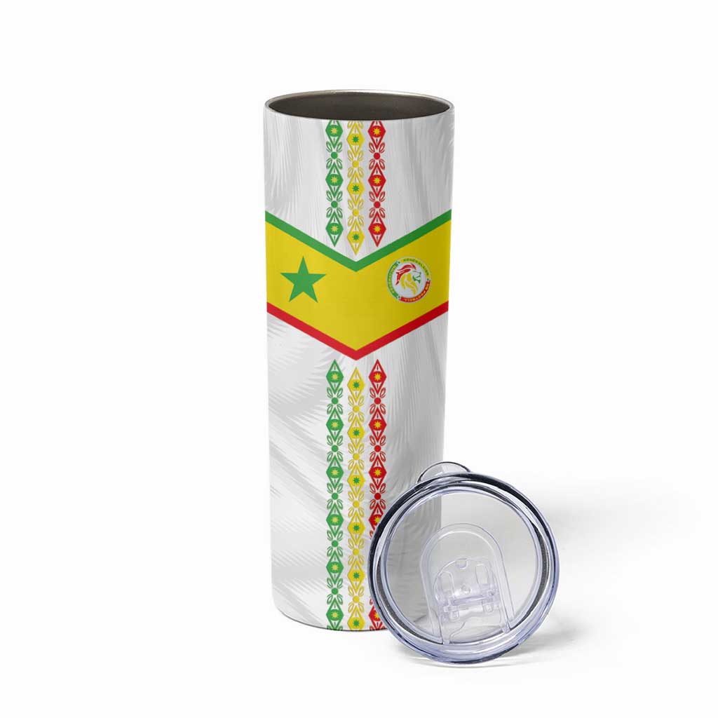 Custom Senegal Football Skinny Tumbler Tricolor Traditional Patterns Sporty Style - Wonder Print Shop
