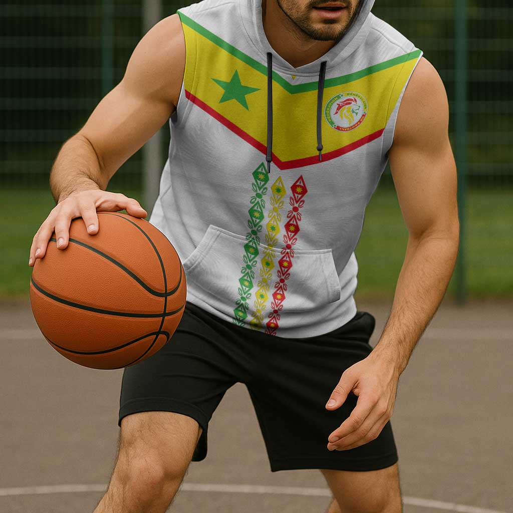 Custom Senegal Football Sleeveless Hoodie Tricolor Traditional Patterns Sporty Style - Wonder Print Shop