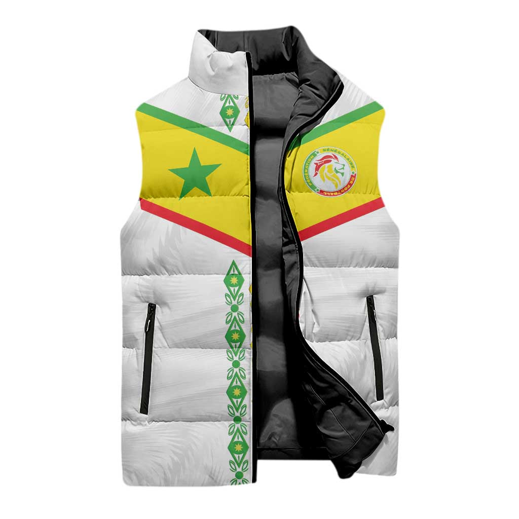 Custom Senegal Football Sleeveless Puffer Jacket Tricolor Traditional Patterns Sporty Style - Wonder Print Shop