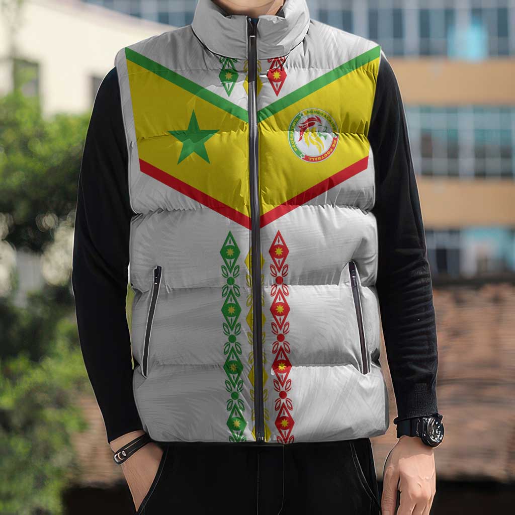 Custom Senegal Football Sleeveless Puffer Jacket Tricolor Traditional Patterns Sporty Style - Wonder Print Shop