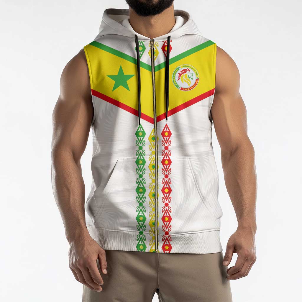 Custom Senegal Football Sleeveless Zip Hoodie Tricolor Traditional Patterns Sporty Style - Wonder Print Shop