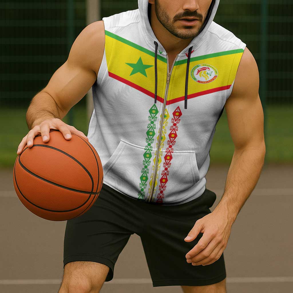 Custom Senegal Football Sleeveless Zip Hoodie Tricolor Traditional Patterns Sporty Style - Wonder Print Shop