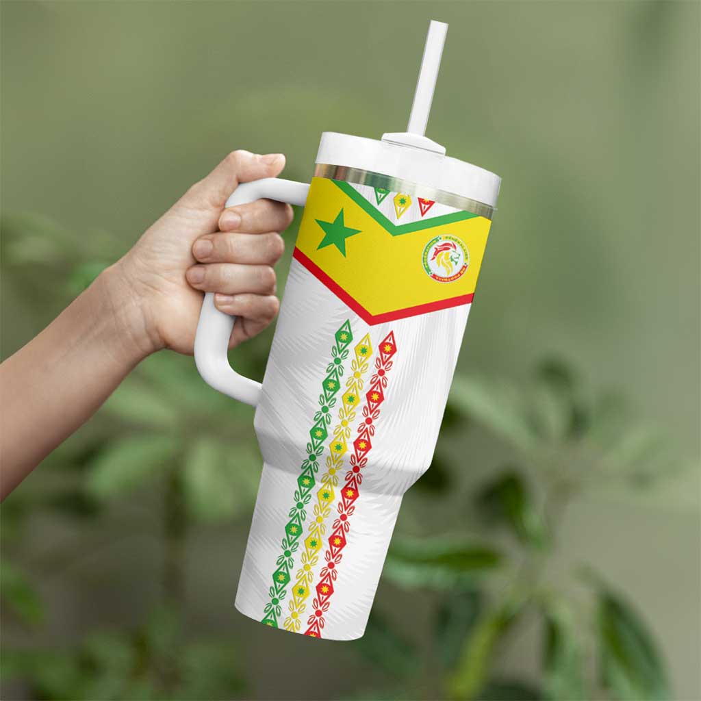 Custom Senegal Football Tumbler With Handle Tricolor Traditional Patterns Sporty Style - Wonder Print Shop