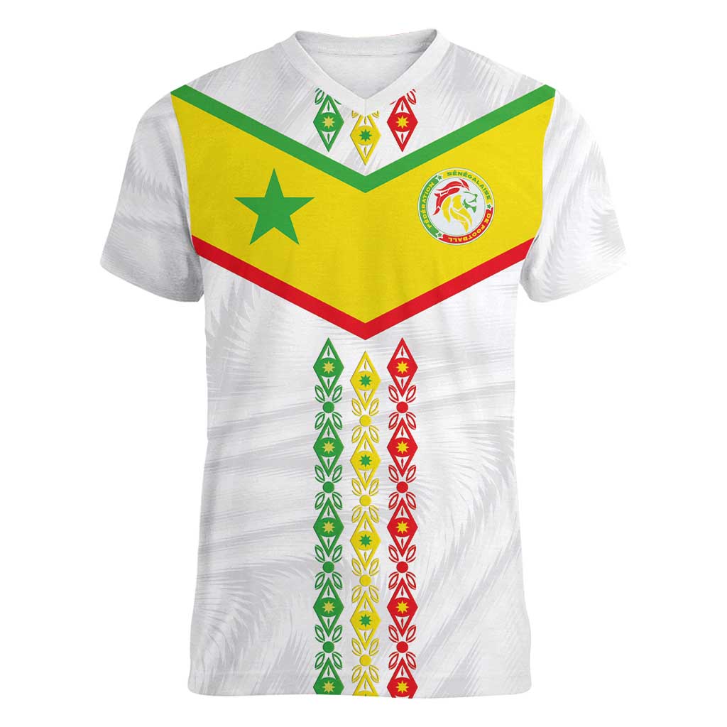 Custom Senegal Football Women V-Neck T-Shirt Tricolor Traditional Patterns Sporty Style - Wonder Print Shop