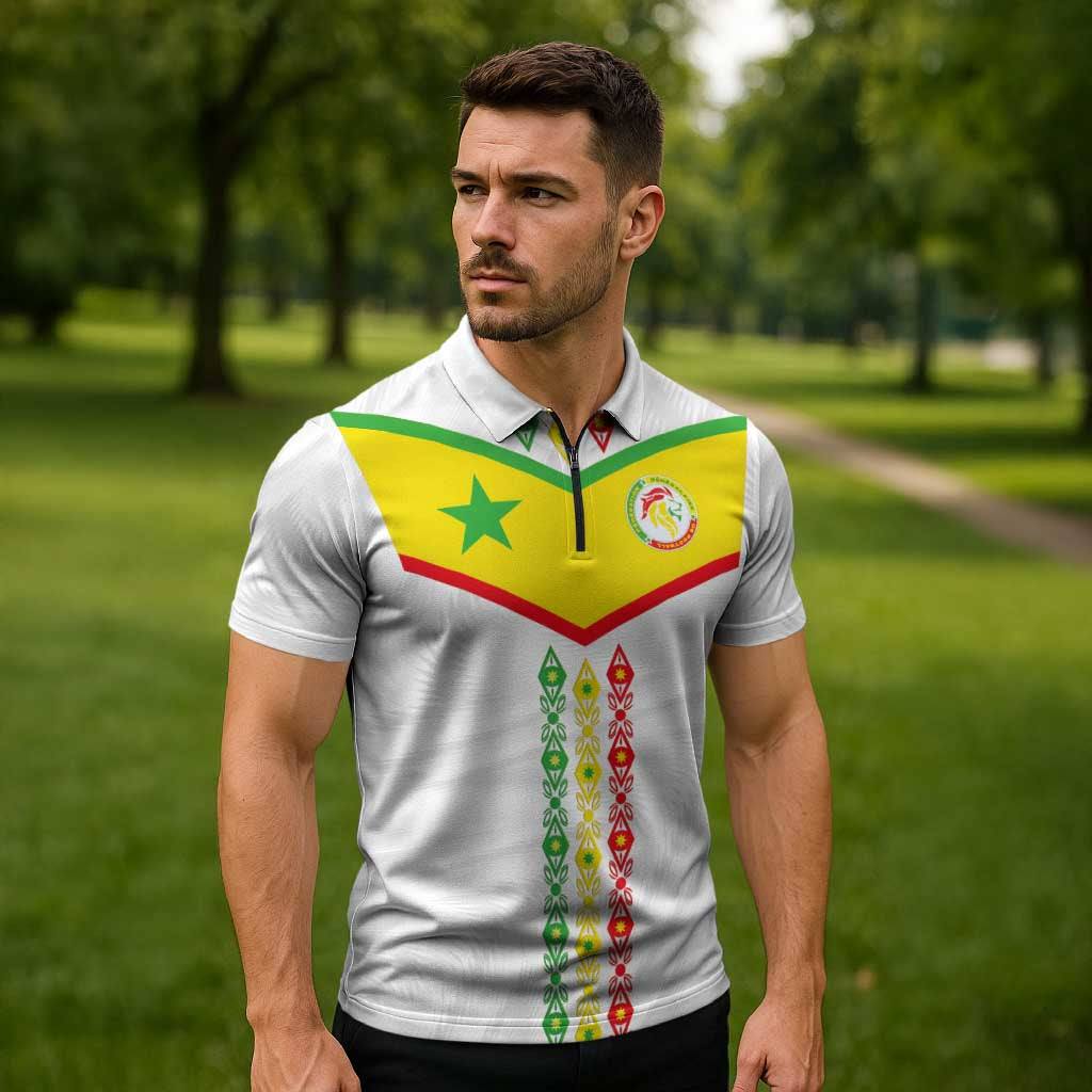 Custom Senegal Football Zipper Polo Shirt Tricolor Traditional Patterns Sporty Style - Wonder Print Shop