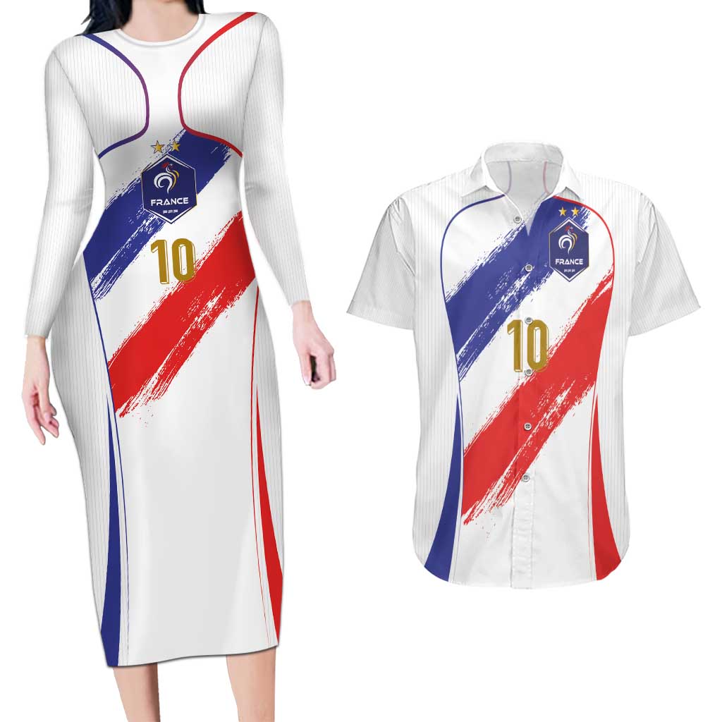 Custom France Foorball Couples Matching Long Sleeve Bodycon Dress and Hawaiian Shirt Les Bleus Tricolor Brush Style - Wonder Print Shop