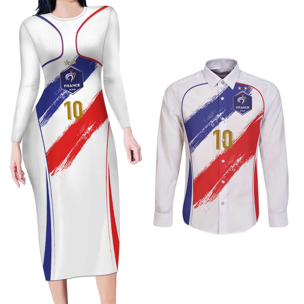 Custom France Foorball Couples Matching Long Sleeve Bodycon Dress and Long Sleeve Button Shirt Les Bleus Tricolor Brush Style - Wonder Print Shop