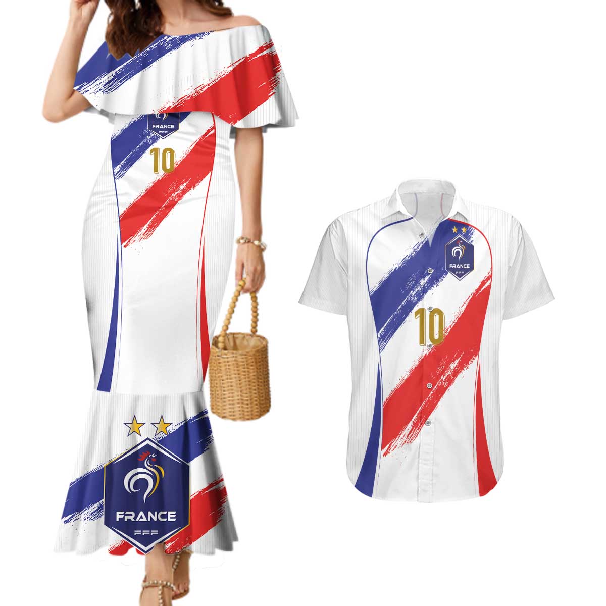 Custom France Foorball Couples Matching Mermaid Dress and Hawaiian Shirt Les Bleus Tricolor Brush Style - Wonder Print Shop