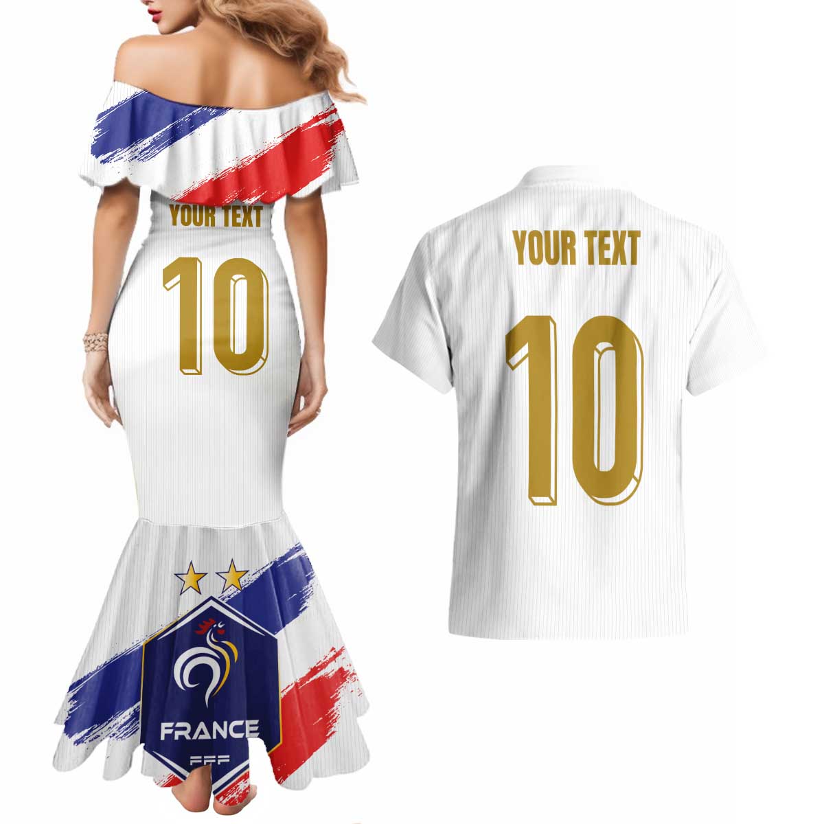Custom France Foorball Couples Matching Mermaid Dress and Hawaiian Shirt Les Bleus Tricolor Brush Style - Wonder Print Shop
