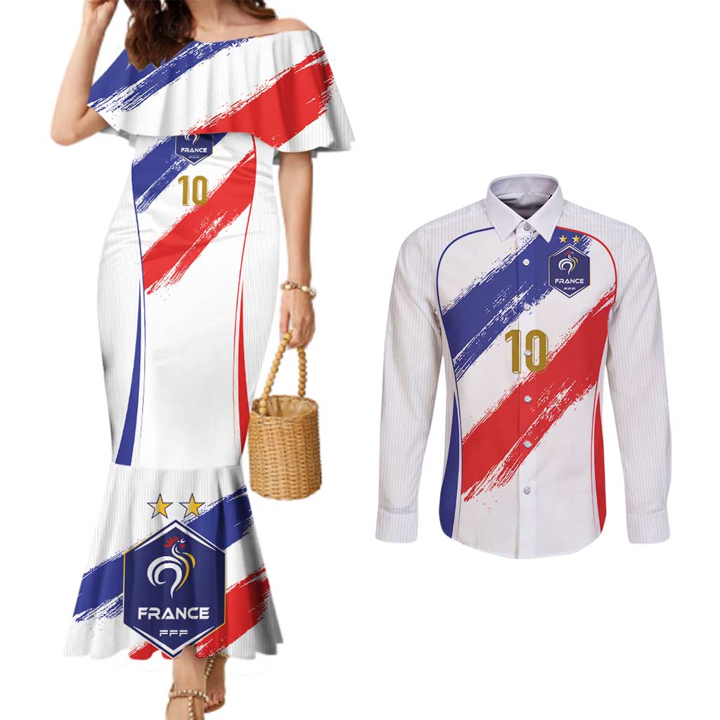 Custom France Foorball Couples Matching Mermaid Dress and Long Sleeve Button Shirt Les Bleus Tricolor Brush Style - Wonder Print Shop