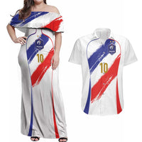 Custom France Foorball Couples Matching Off Shoulder Maxi Dress and Hawaiian Shirt Les Bleus Tricolor Brush Style - Wonder Print Shop