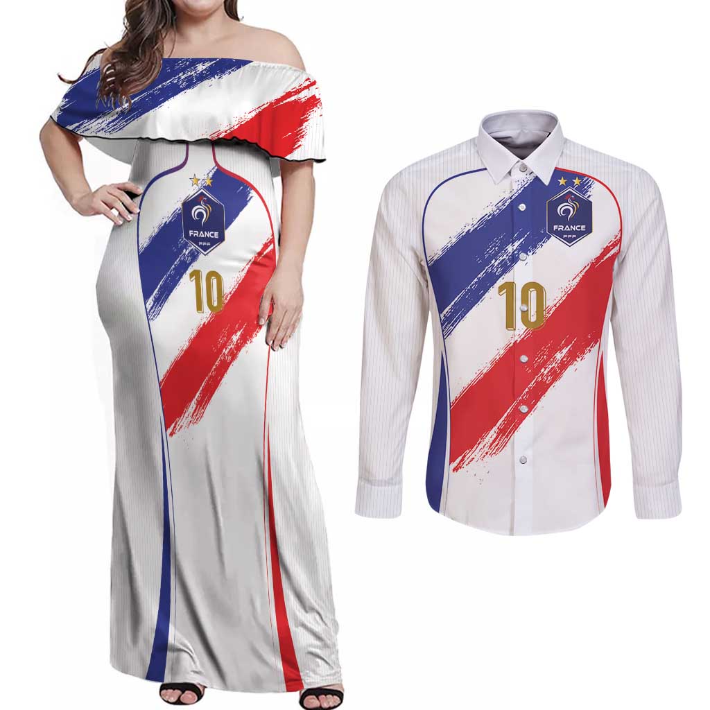 Custom France Foorball Couples Matching Off Shoulder Maxi Dress and Long Sleeve Button Shirt Les Bleus Tricolor Brush Style - Wonder Print Shop
